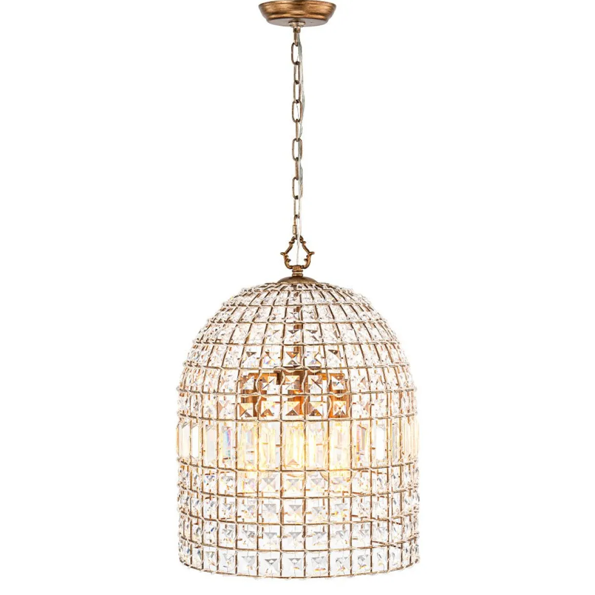 French Antique Brass Crystal Cage Chandelier