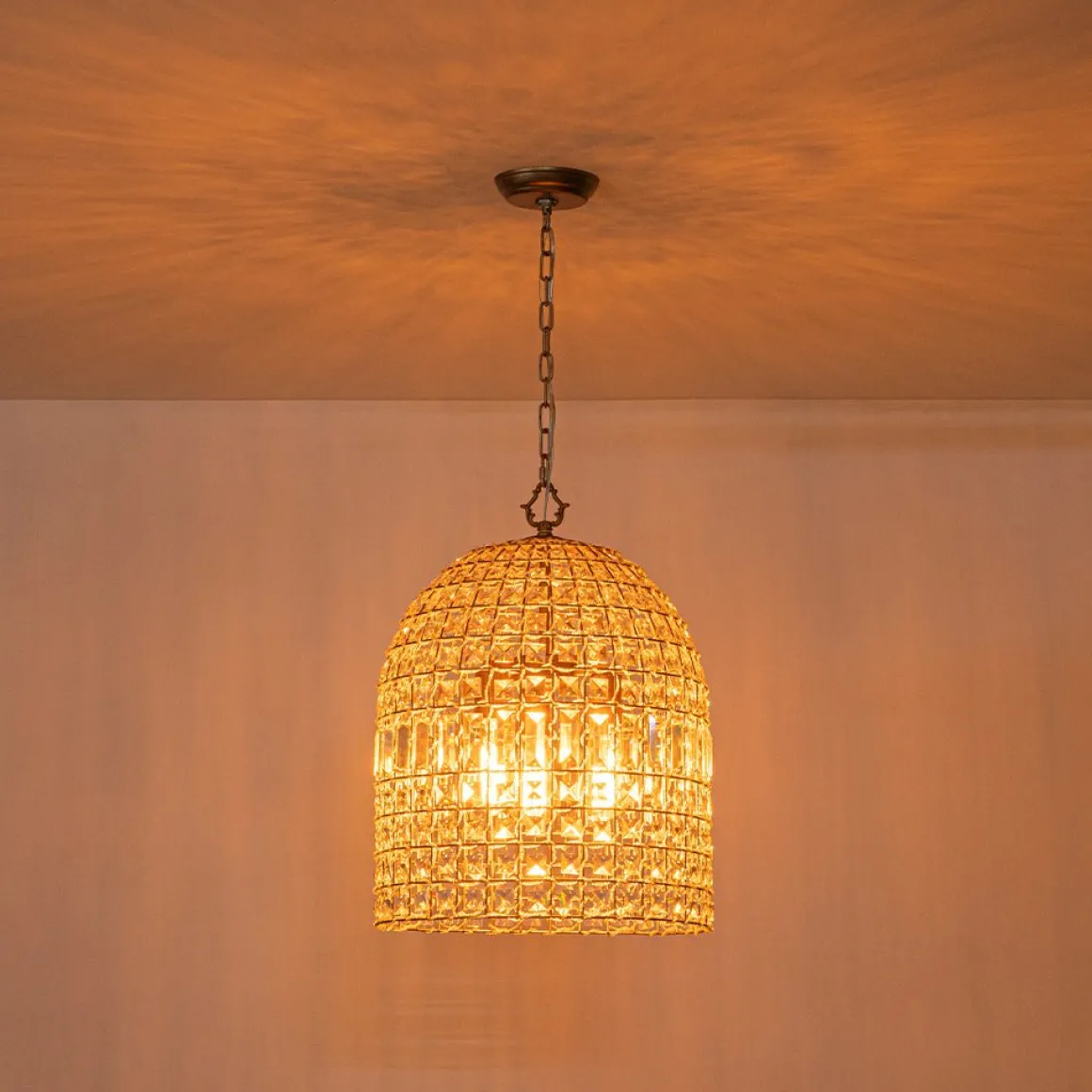 French Antique Brass Crystal Cage Chandelier