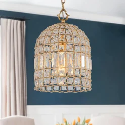 French Antique Brass Crystal Cage Chandelier