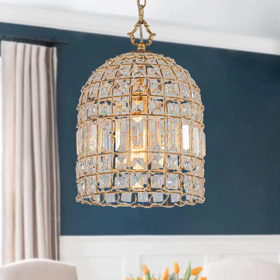 French Antique Brass Crystal Cage Chandelier