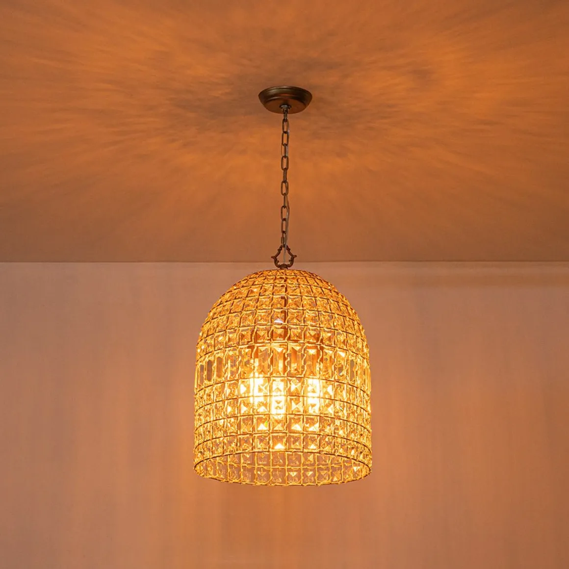 French Antique Brass Crystal Cage Chandelier