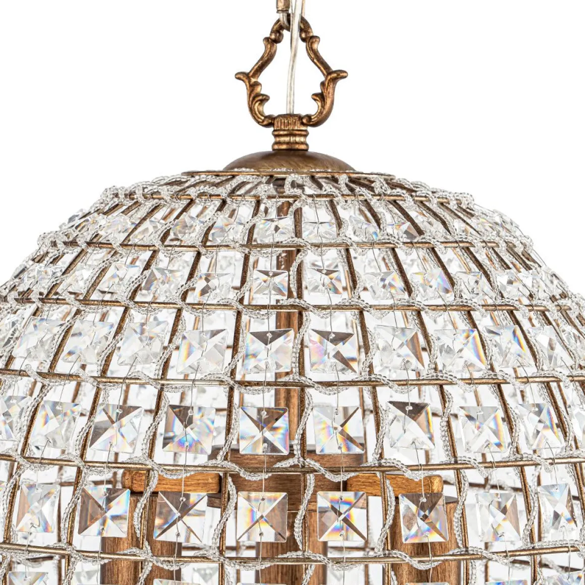 French Antique Brass Crystal Cage Chandelier