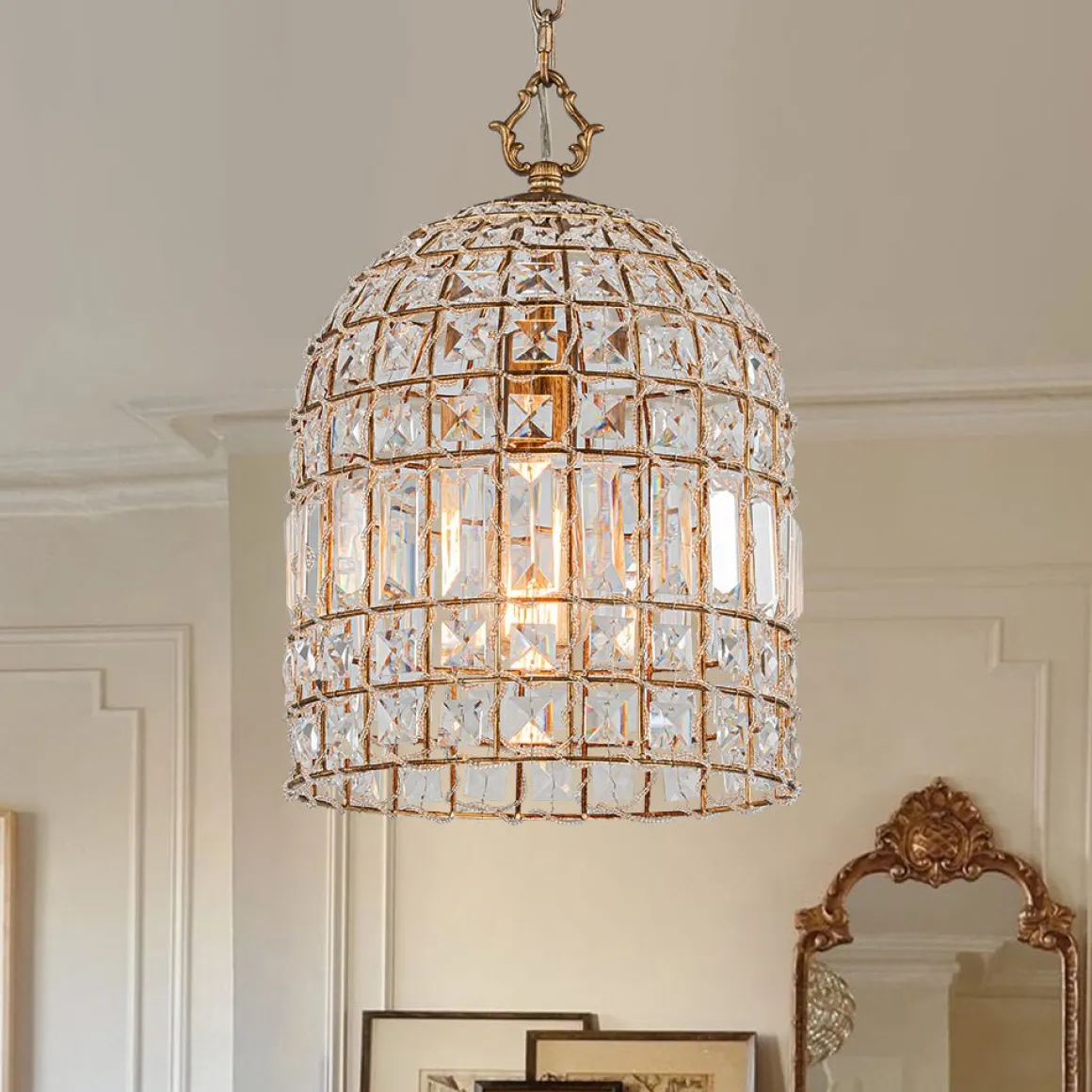 French Antique Brass Crystal Cage Chandelier