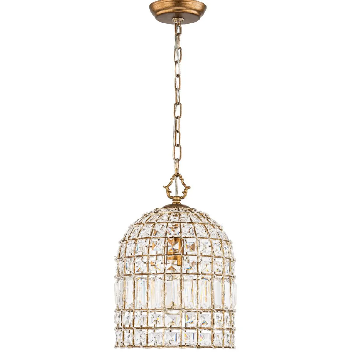 French Antique Brass Crystal Cage Chandelier