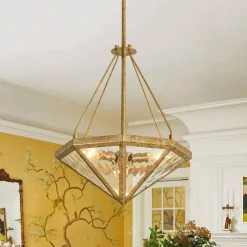 French Antique Gold Geometric Water Glass Cage Chandelier