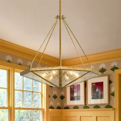 French Antique Gold Geometric Water Glass Cage Chandelier