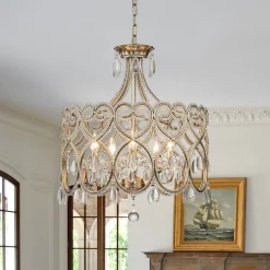 French Antique 5-Light Crystal Accents Drum Chandelier
