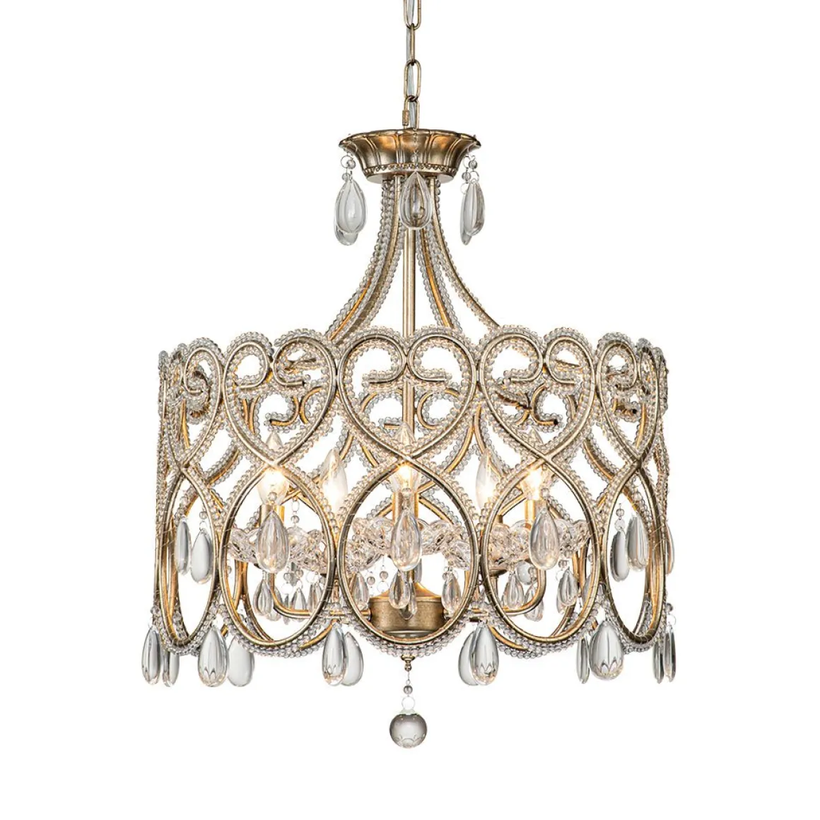 French Antique 5-Light Crystal Accents Drum Chandelier