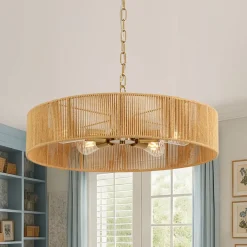 French Country Brown Woven Rope Wide Drum Semi Flush Chandelier