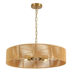 French Country Brown Woven Rope Wide Drum Semi Flush Chandelier