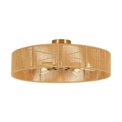 French Country Brown Woven Rope Wide Drum Semi Flush Chandelier