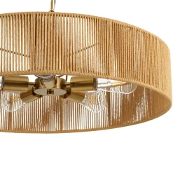 French Country Brown Woven Rope Wide Drum Semi Flush Chandelier