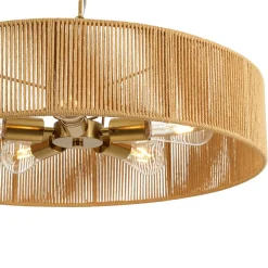 French Country Brown Woven Rope Wide Drum Semi Flush Chandelier