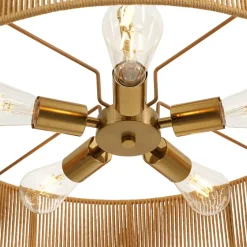 French Country Brown Woven Rope Wide Drum Semi Flush Chandelier