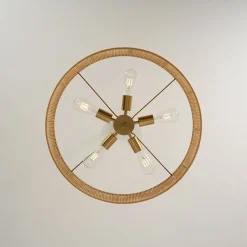 French Country Brown Woven Rope Wide Drum Semi Flush Chandelier