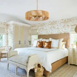 French Country Brown Woven Rope Wide Drum Semi Flush Chandelier