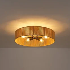 French Country Brown Woven Rope Wide Drum Semi Flush Chandelier