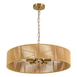 French Country Brown Woven Rope Wide Drum Semi Flush Chandelier