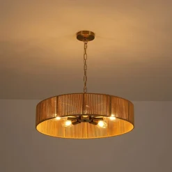 French Country Brown Woven Rope Wide Drum Semi Flush Chandelier