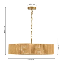 French Country Brown Woven Rope Wide Drum Semi Flush Chandelier