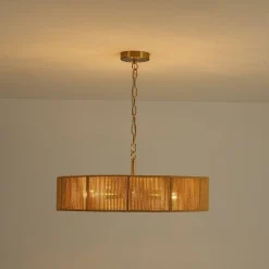 French Country Brown Woven Rope Wide Drum Semi Flush Chandelier