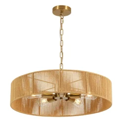 French Country Brown Woven Rope Wide Drum Semi Flush Chandelier