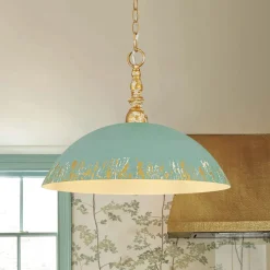 French Country Distressed Teal Gold Flat Dome Metal Pendant