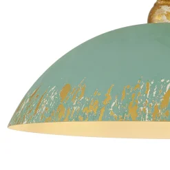 French Country Distressed Teal Gold Flat Dome Metal Pendant