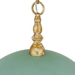 French Country Distressed Teal Gold Flat Dome Metal Pendant