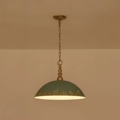 French Country Distressed Teal Gold Flat Dome Metal Pendant