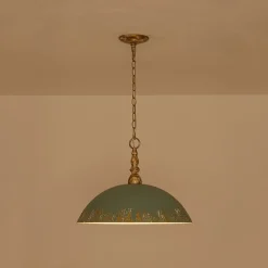 French Country Distressed Teal Gold Flat Dome Metal Pendant