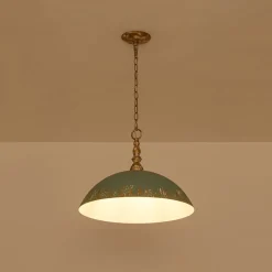 French Country Distressed Teal Gold Flat Dome Metal Pendant