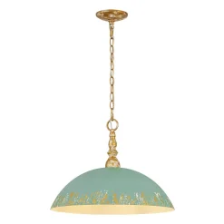 French Country Distressed Teal Gold Flat Dome Metal Pendant