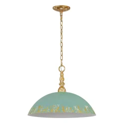 French Country Distressed Teal Gold Flat Dome Metal Pendant
