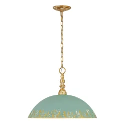 French Country Distressed Teal Gold Flat Dome Metal Pendant
