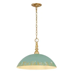 French Country Distressed Teal Gold Flat Dome Metal Pendant