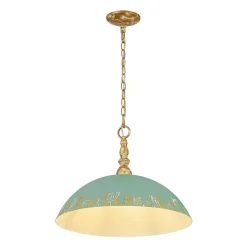 French Country Distressed Teal Gold Flat Dome Metal Pendant