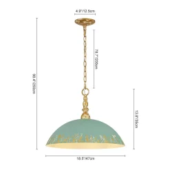 French Country Distressed Teal Gold Flat Dome Metal Pendant