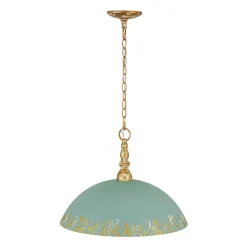 French Country Distressed Teal Gold Flat Dome Metal Pendant
