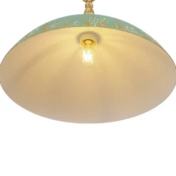 French Country Distressed Teal Gold Flat Dome Metal Pendant