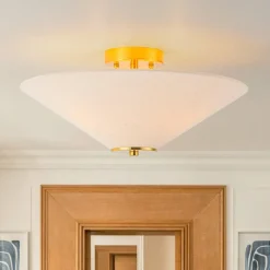 French Country Ivory Linen Conical Cage Semi Flush Mount