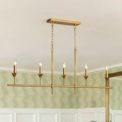 French Country 5-Light Fabric Shade Candle Linear Island Chandelier