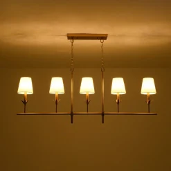 French Country 5-Light Fabric Shade Candle Linear Island Chandelier