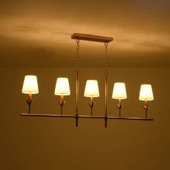 French Country 5-Light Fabric Shade Candle Linear Island Chandelier