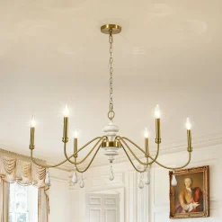 French Country White Wood Brass Iron Candle Chandelier