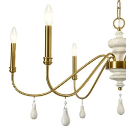 French Country White Wood Brass Iron Candle Chandelier
