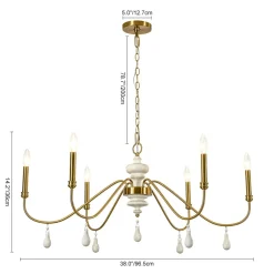 French Country White Wood Brass Iron Candle Chandelier
