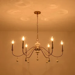 French Country White Wood Brass Iron Candle Chandelier