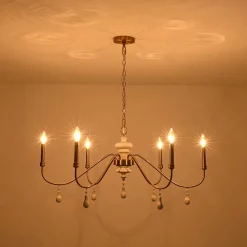 French Country White Wood Brass Iron Candle Chandelier