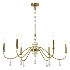French Country White Wood Brass Iron Candle Chandelier